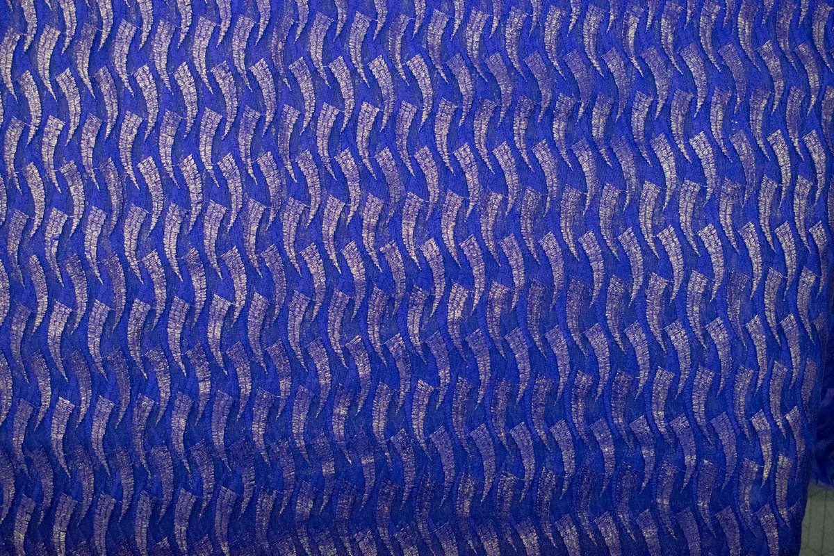 Blue With Golden Thread Embroidery On Net Fabric