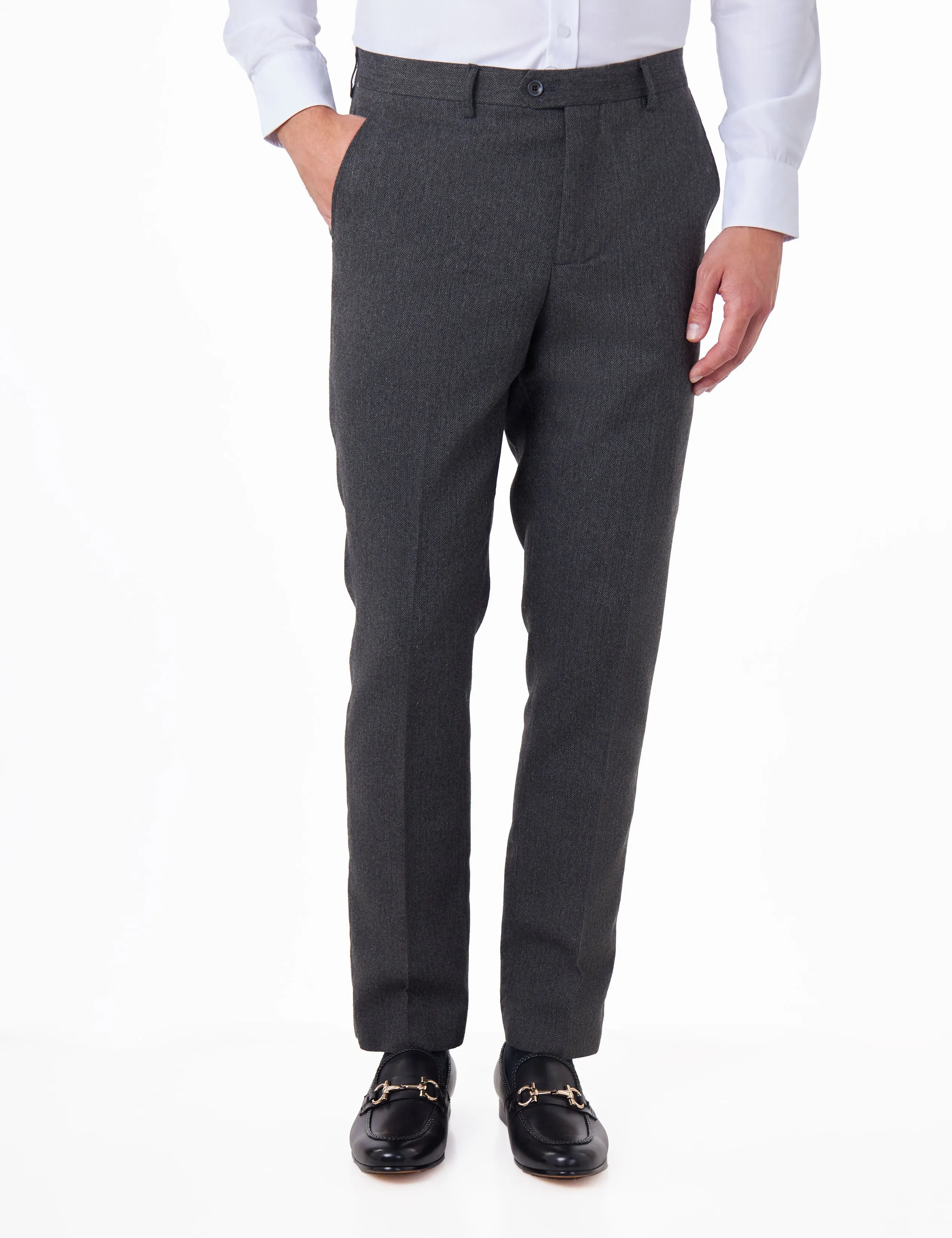 CALIX – Dark Grey Herringbone Tweed Tailored 3 Piece Suit