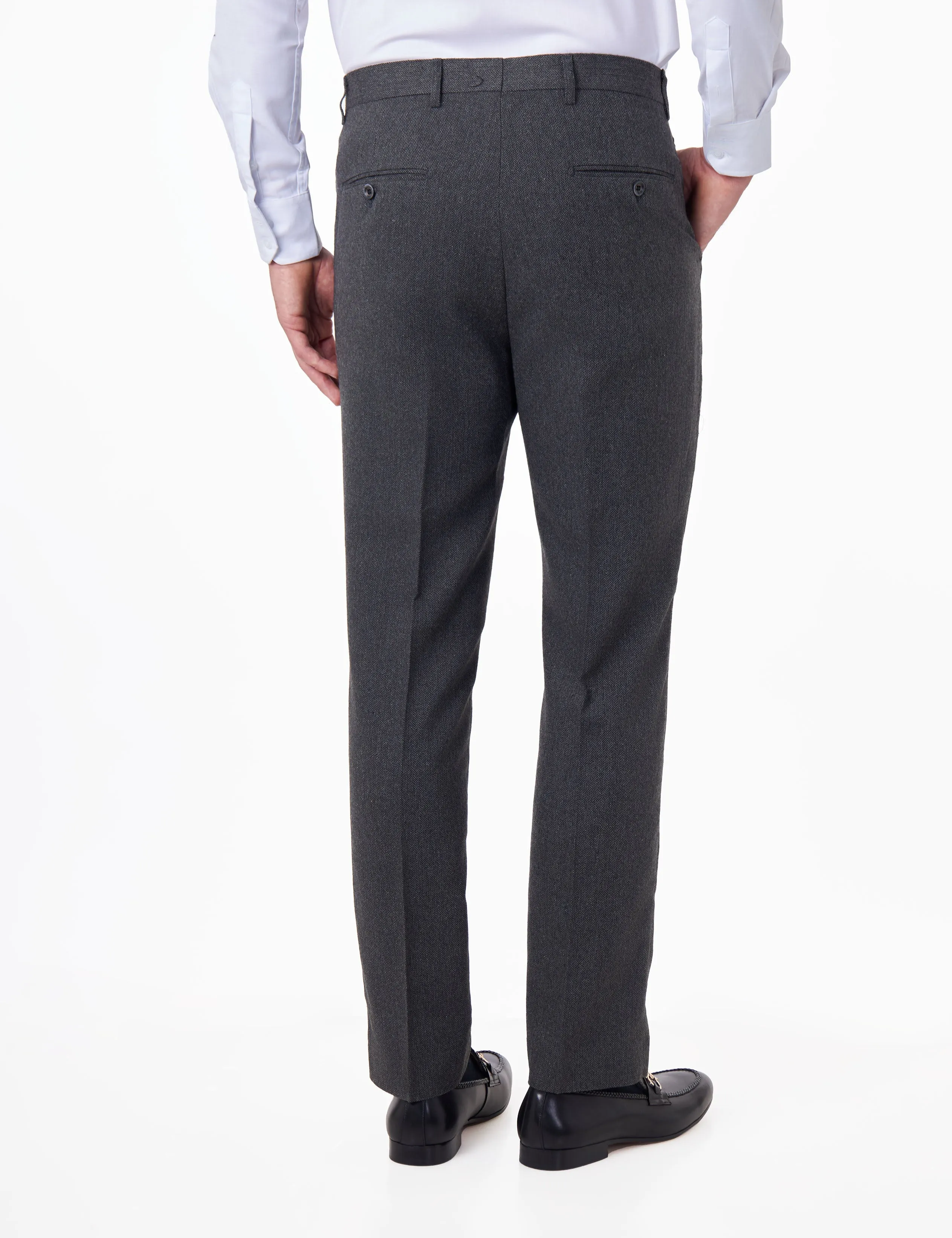 CALIX – Dark Grey Herringbone Tweed Tailored 3 Piece Suit