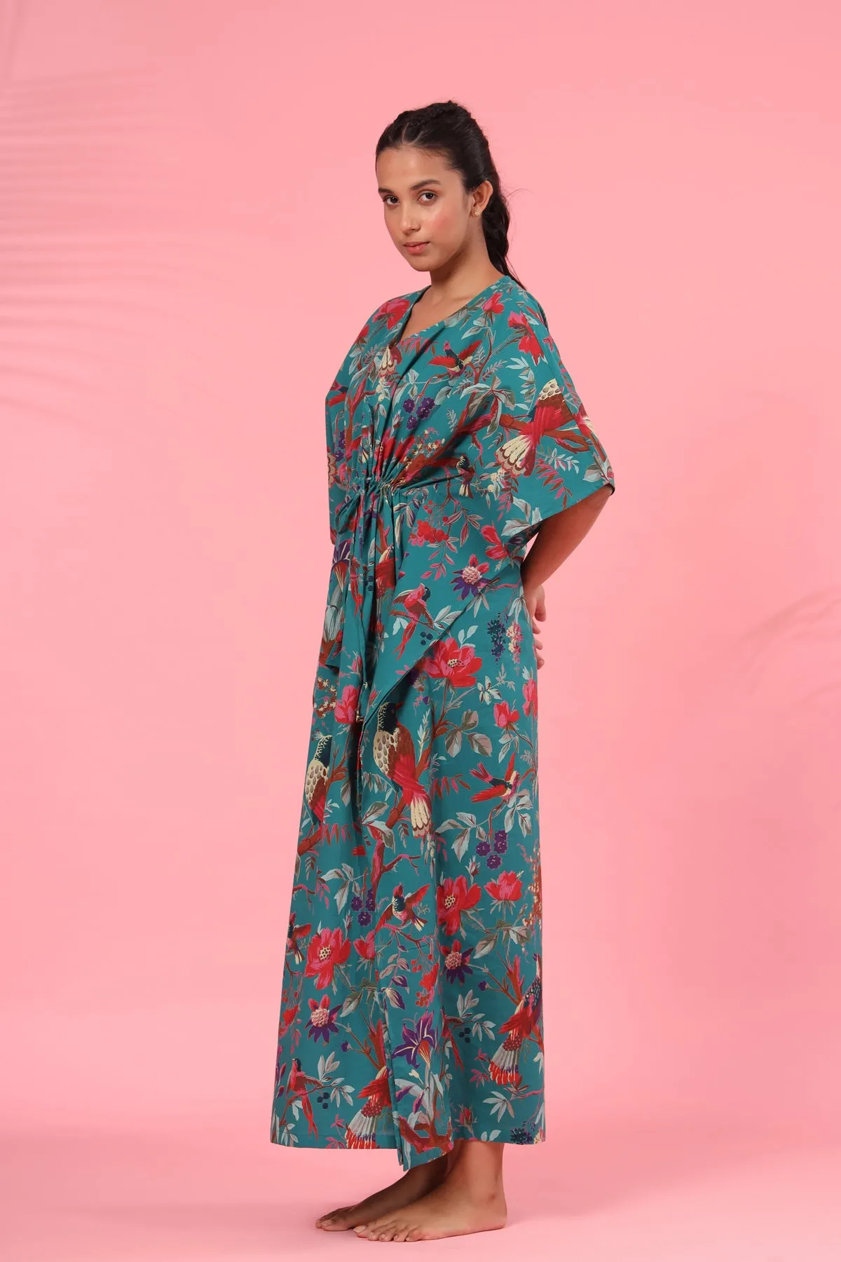Chirping Bird on Teal Kaftan