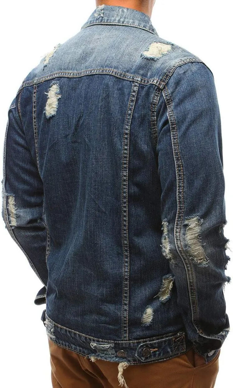 chouyatou Men's Distressed Button Front Casual Denim Jean Trucker Jacket