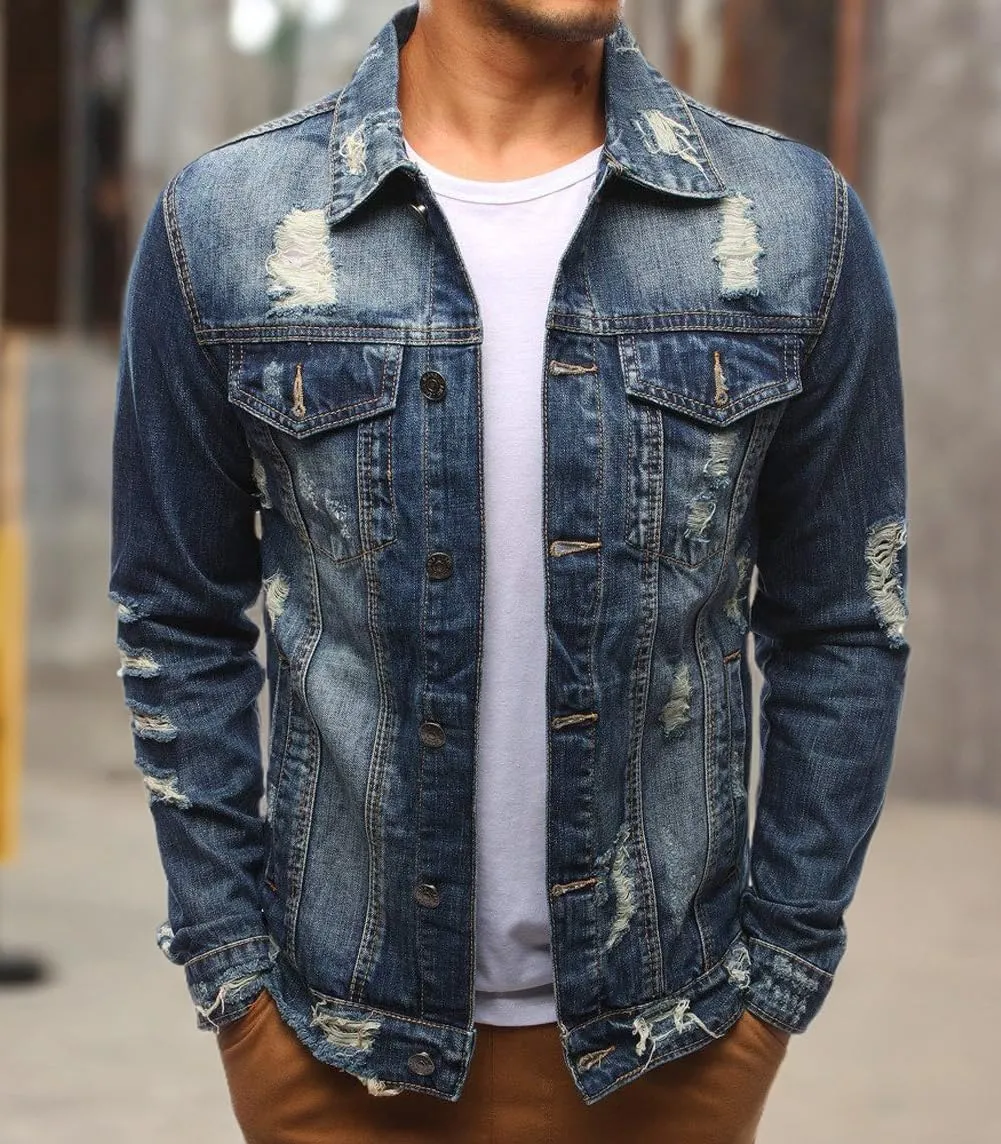 chouyatou Men's Distressed Button Front Casual Denim Jean Trucker Jacket