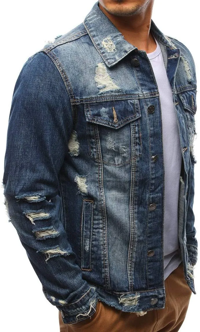 chouyatou Men's Distressed Button Front Casual Denim Jean Trucker Jacket