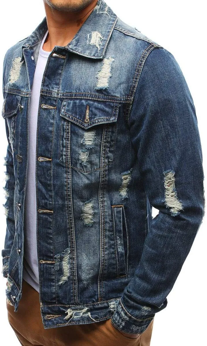 chouyatou Men's Distressed Button Front Casual Denim Jean Trucker Jacket