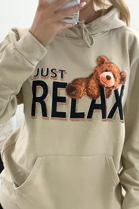 Clarissa Beige Relax Teddy Graphic Print Oversized Hoodie