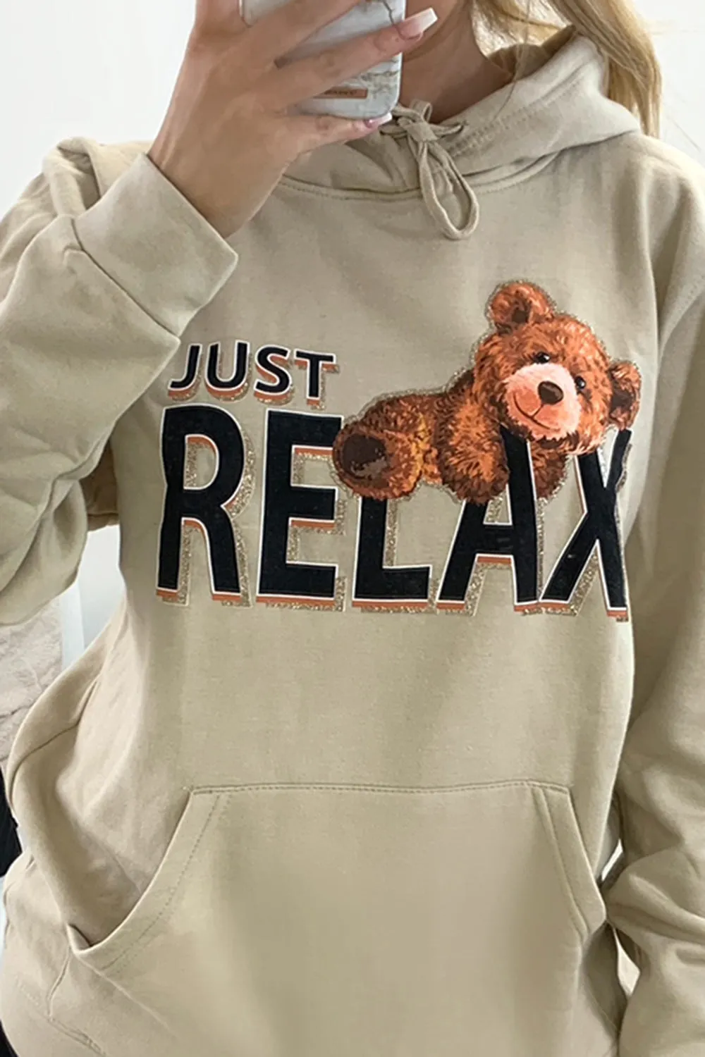 Clarissa Beige Relax Teddy Graphic Print Oversized Hoodie