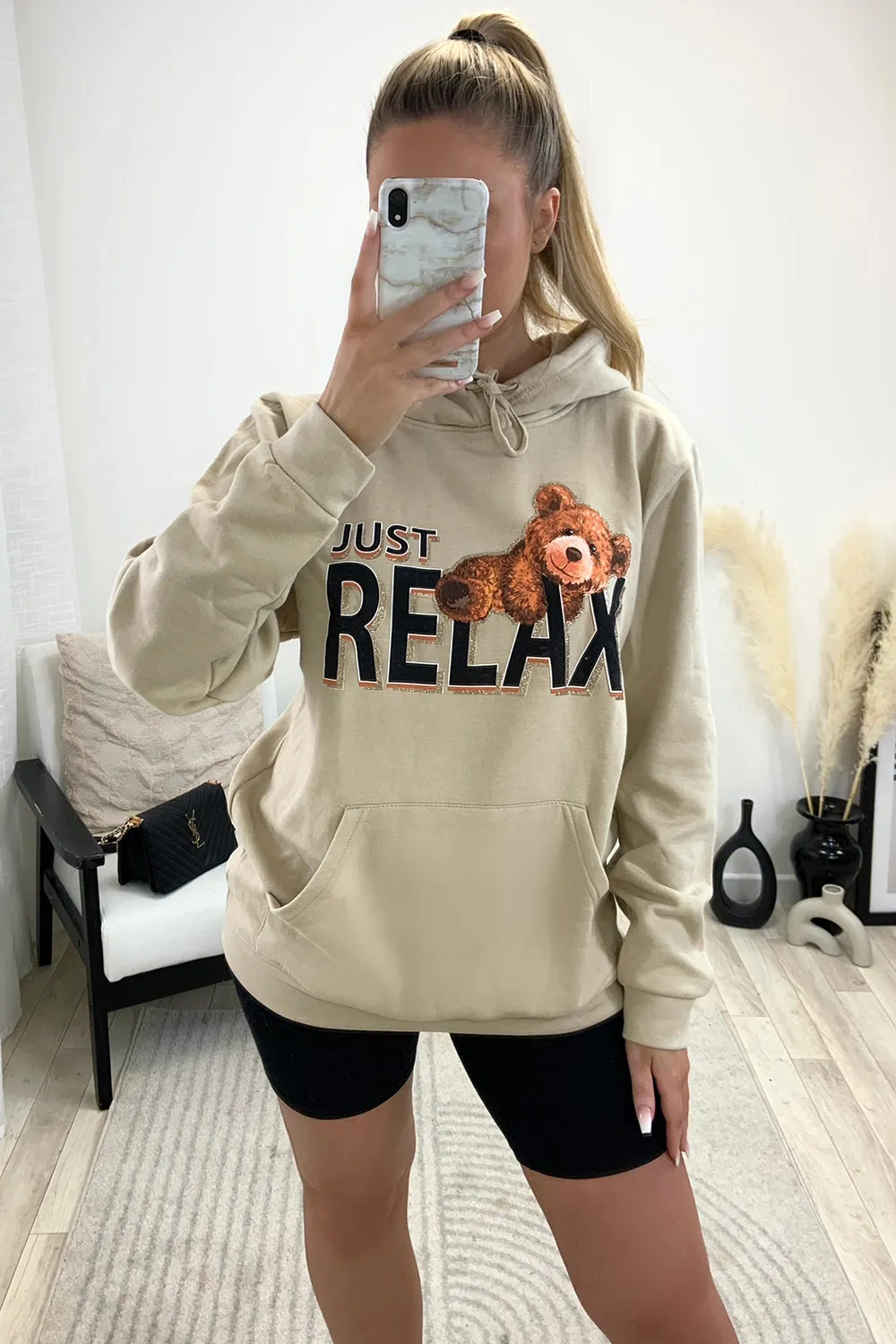 Clarissa Beige Relax Teddy Graphic Print Oversized Hoodie