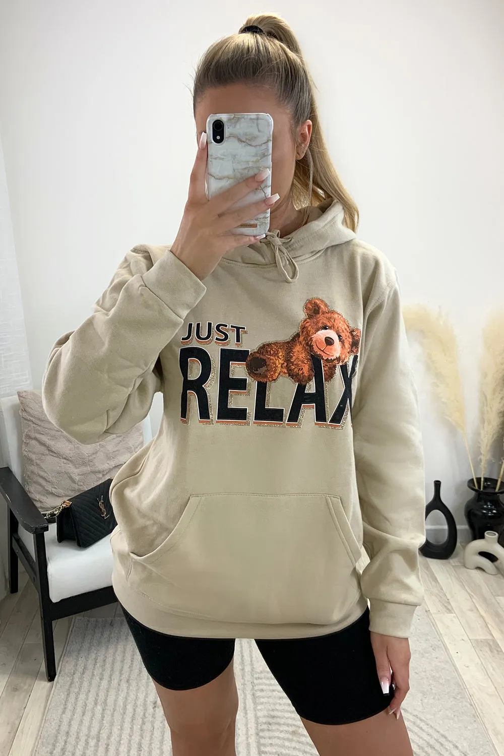 Clarissa Beige Relax Teddy Graphic Print Oversized Hoodie