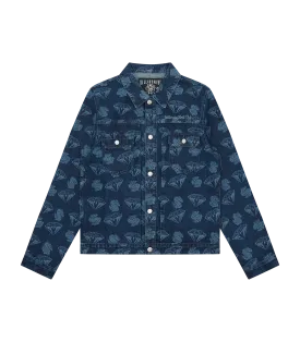 DIAMONDS & DOLLARS PRINTED DENIM JACKET - INDIGO