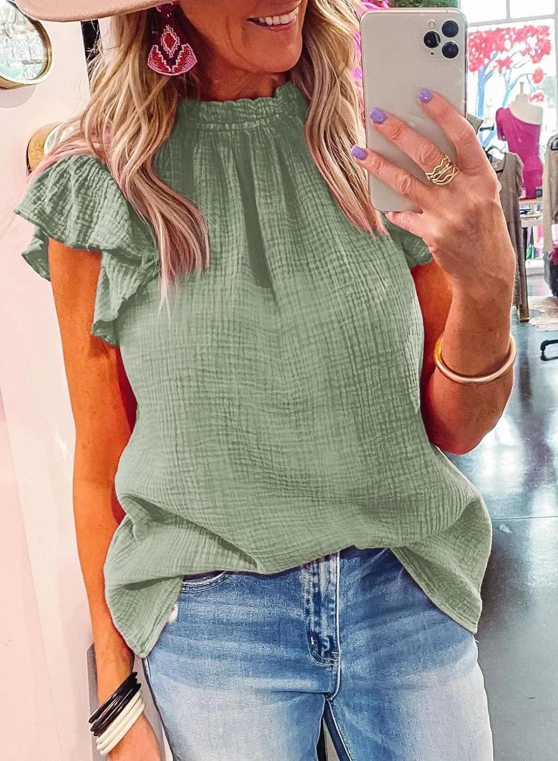 Dokotoo Casual Blouses for Women Crewneck Smocked Ruffle Short Sleeve Babydoll Womens Tops