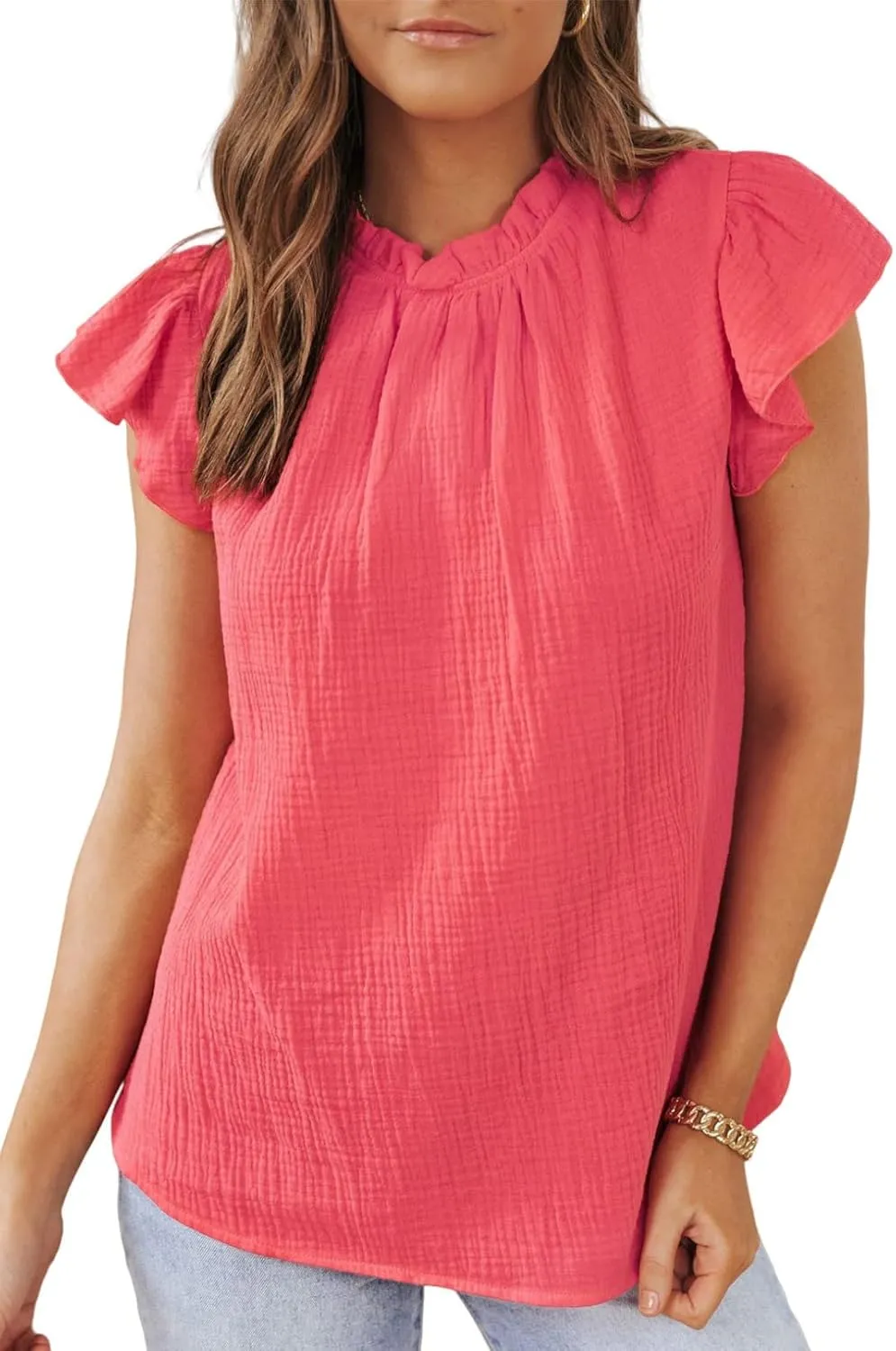 Dokotoo Casual Blouses for Women Crewneck Smocked Ruffle Short Sleeve Babydoll Womens Tops