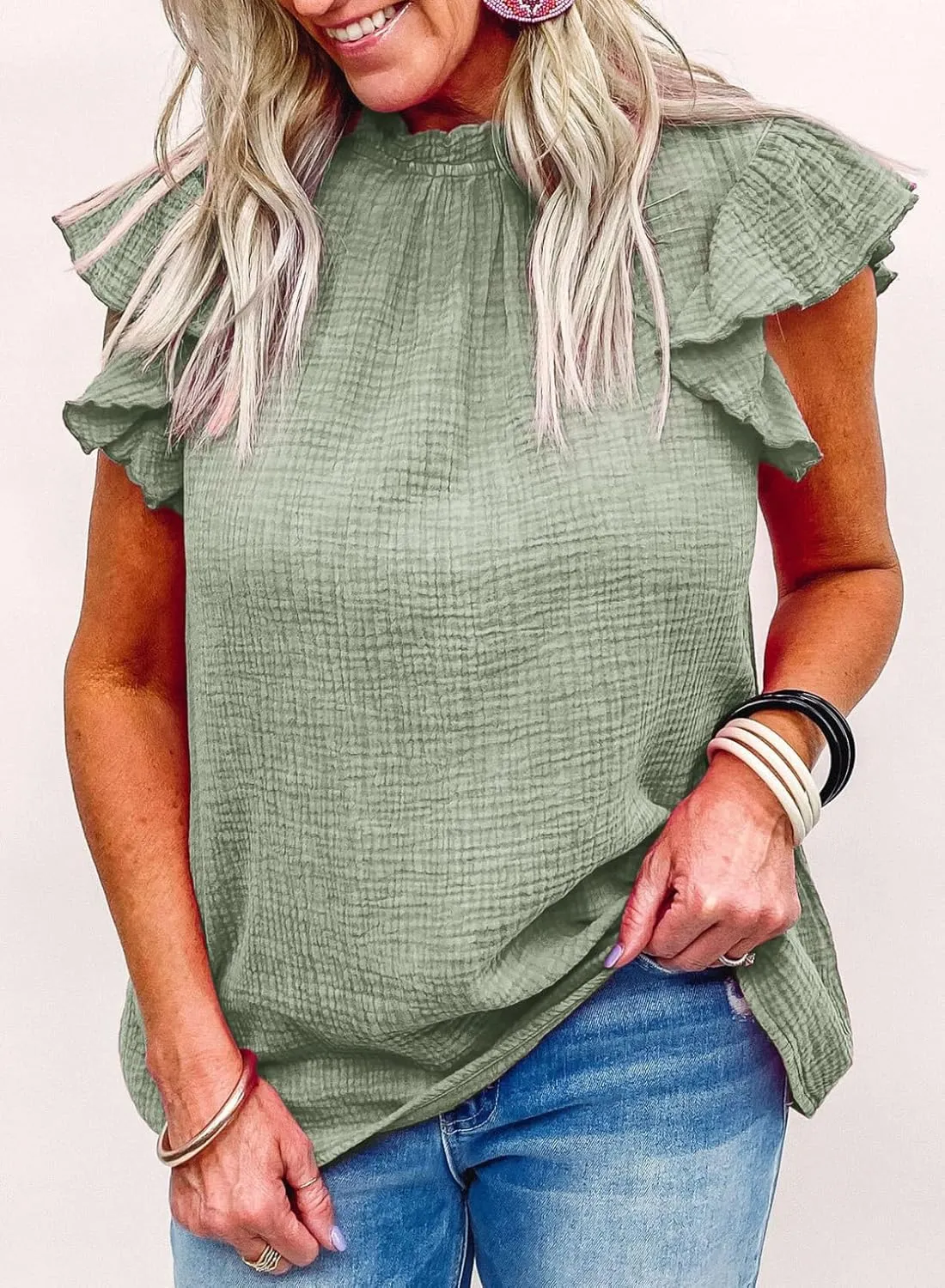 Dokotoo Casual Blouses for Women Crewneck Smocked Ruffle Short Sleeve Babydoll Womens Tops