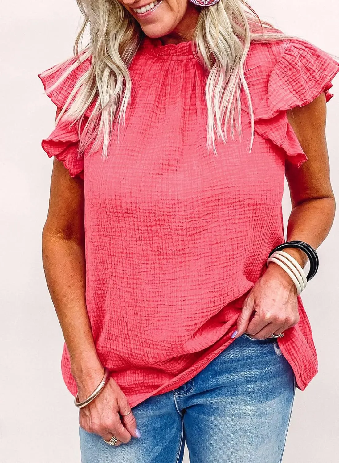 Dokotoo Casual Blouses for Women Crewneck Smocked Ruffle Short Sleeve Babydoll Womens Tops