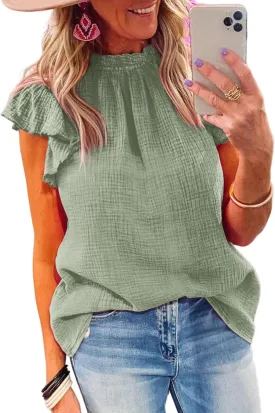 Dokotoo Casual Blouses for Women Crewneck Smocked Ruffle Short Sleeve Babydoll Womens Tops