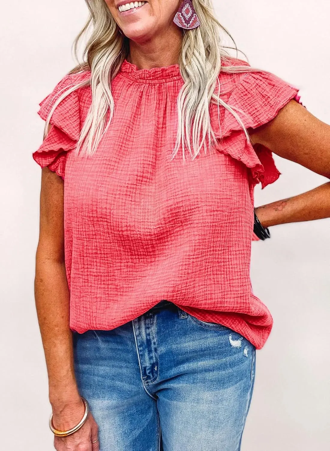 Dokotoo Casual Blouses for Women Crewneck Smocked Ruffle Short Sleeve Babydoll Womens Tops