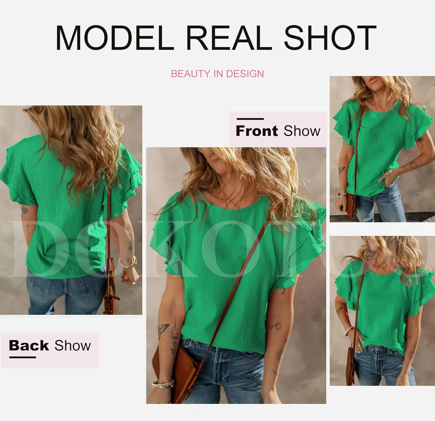 Dokotoo Womens Tops Ruffle Short Sleeve Crewneck Shirts Solid Casual Loose Babydoll Blouses