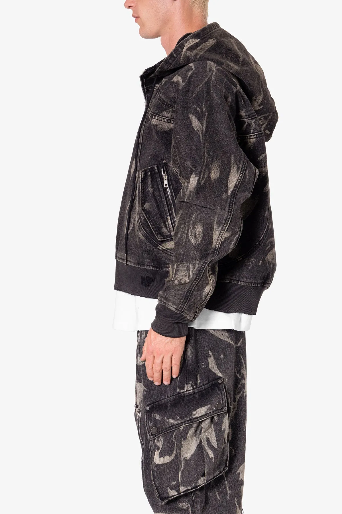 Double Denim Hooded Bomber Jacket - Black