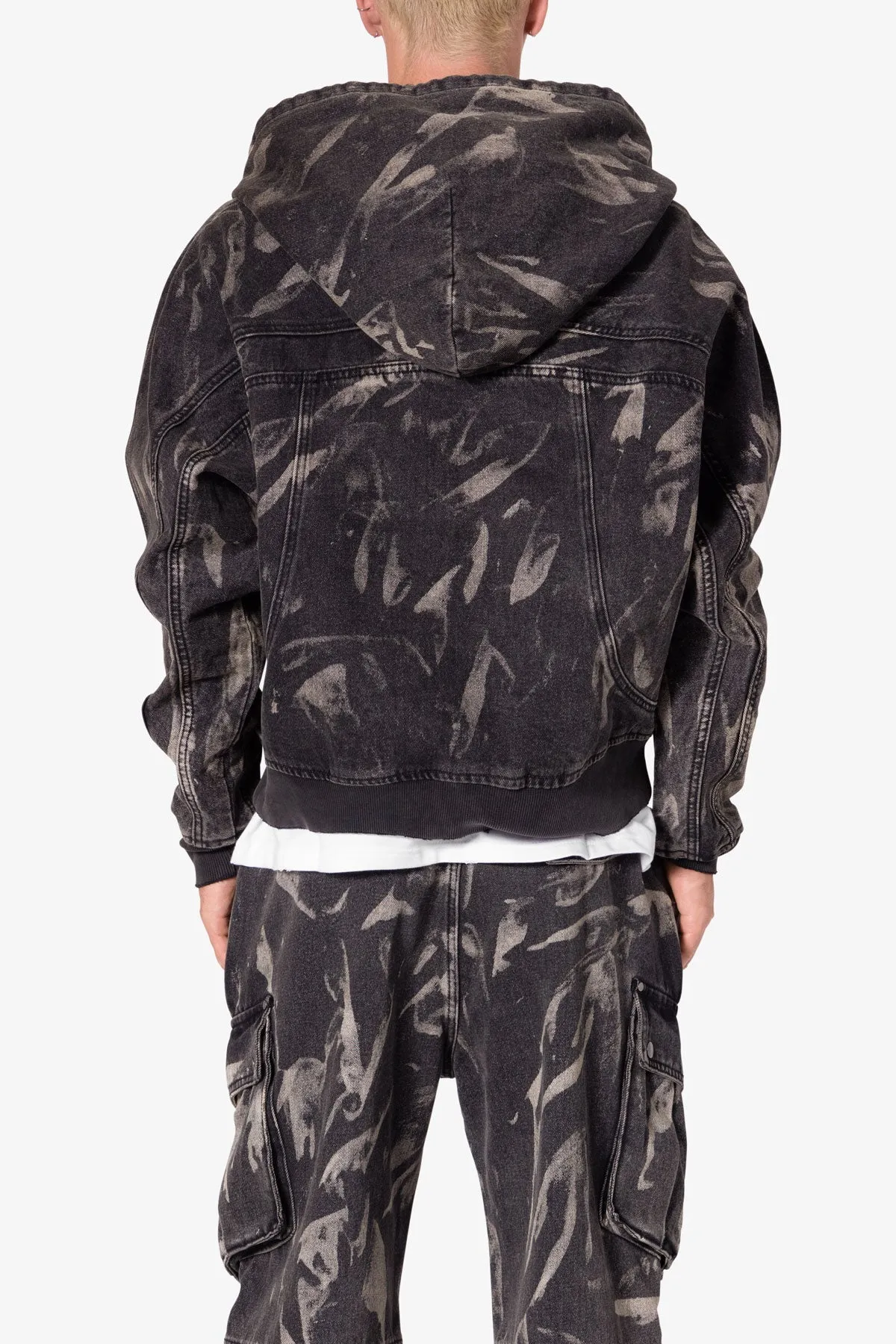 Double Denim Hooded Bomber Jacket - Black