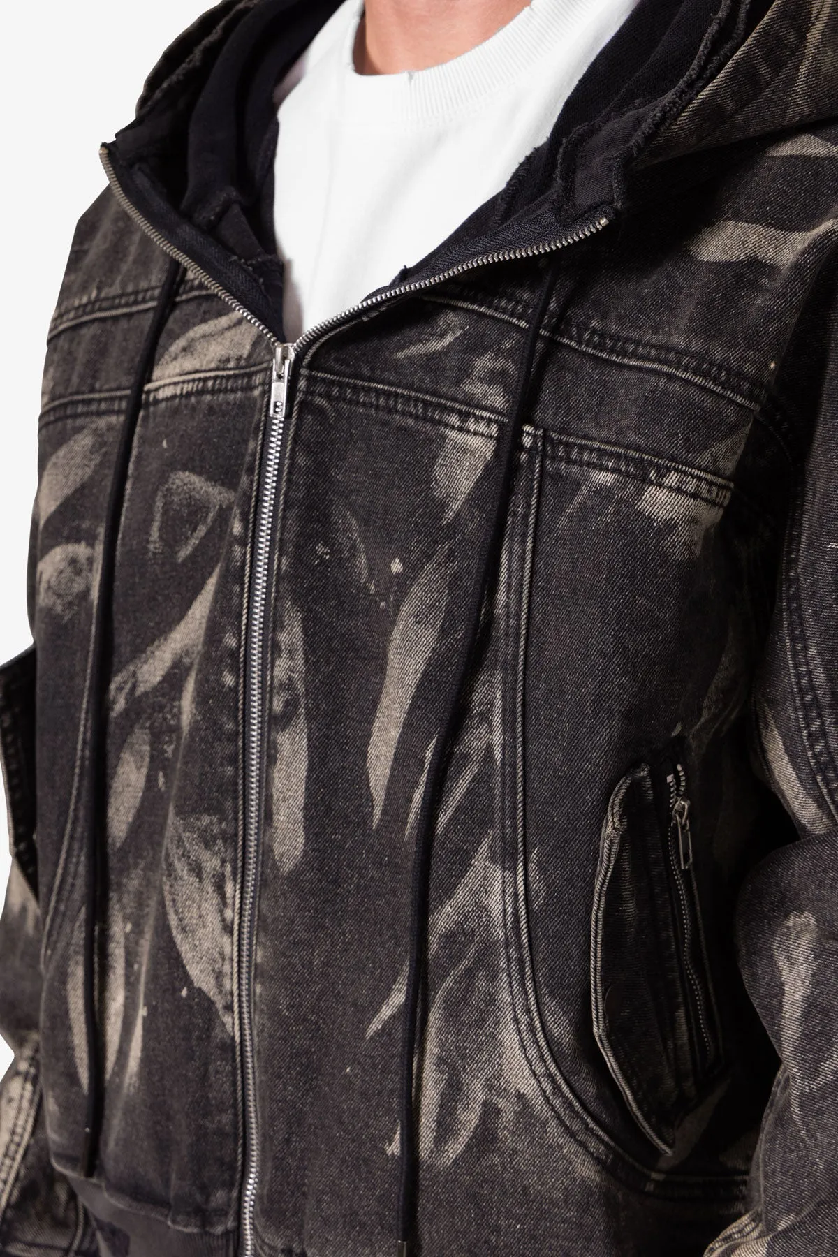 Double Denim Hooded Bomber Jacket - Black