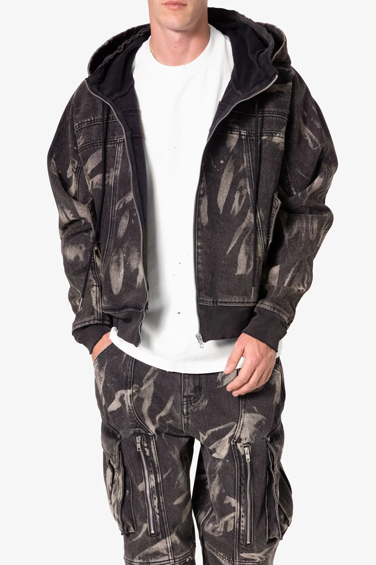 Double Denim Hooded Bomber Jacket - Black