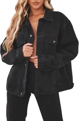 DvaeMalligo Women's Oversized Denim Jacket Casual Long Sleeve Button Down Distressed Trucker Jean Jackets with Pockets