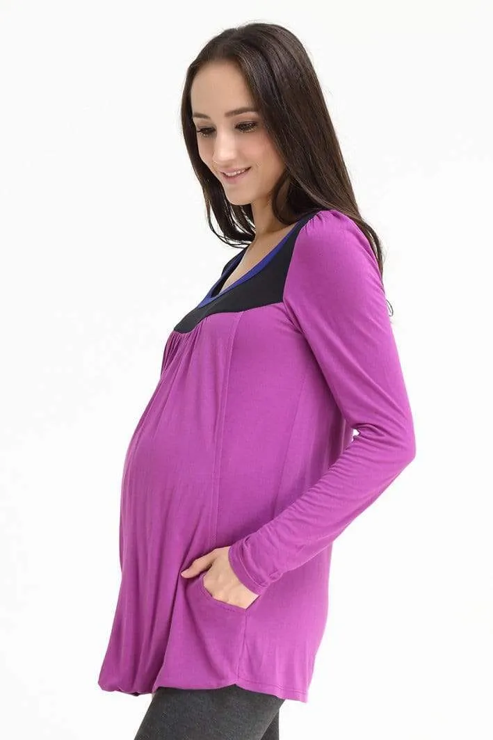Elena Contrast Neck Maternity Top Plum