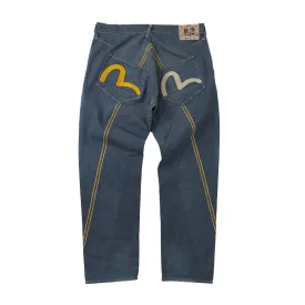 Embroidered Evisu Jeans with Stripe Detail in Denim