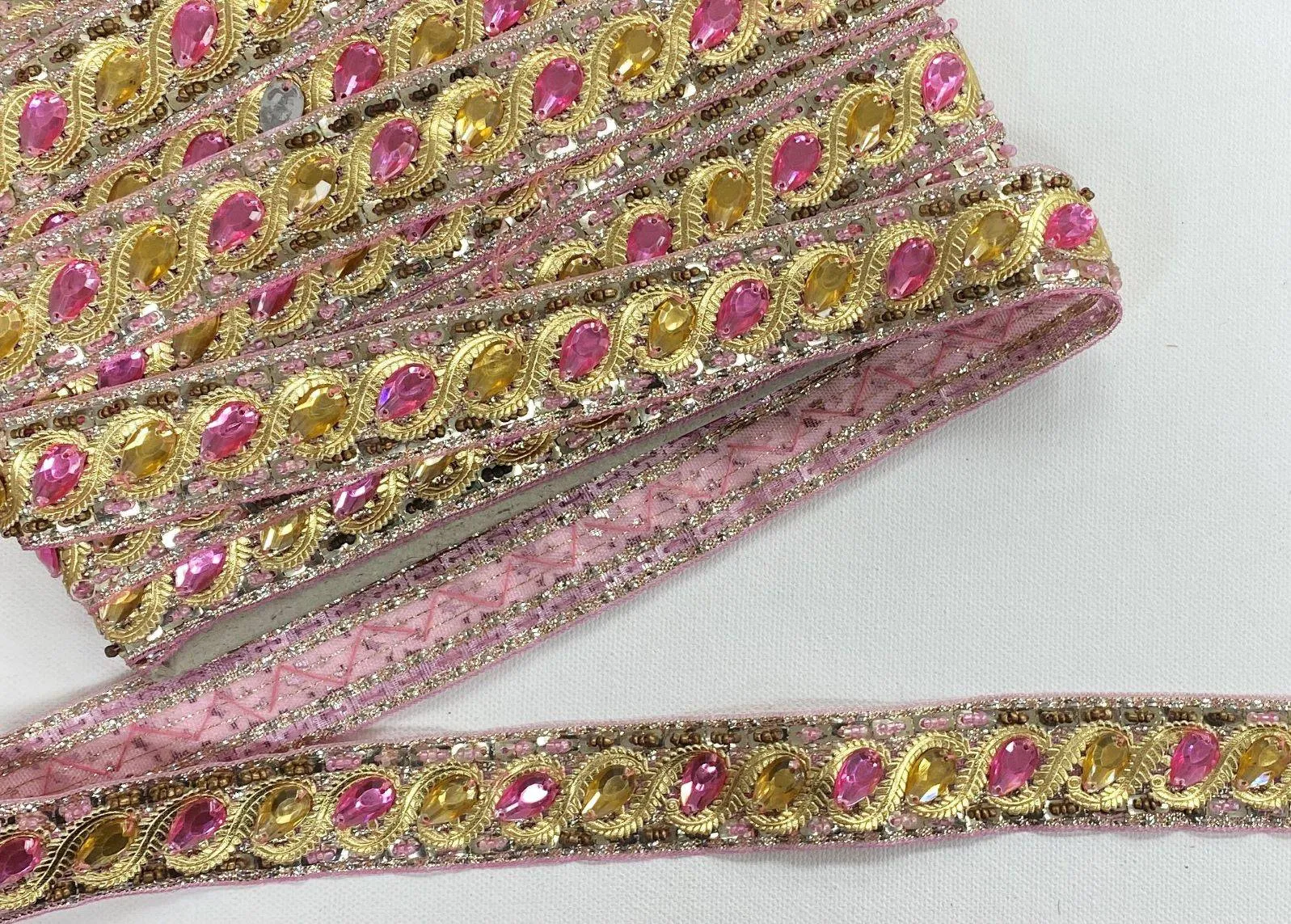 Fancy Jewel Ribbon - Metallic Leaf Shaped Gemstones