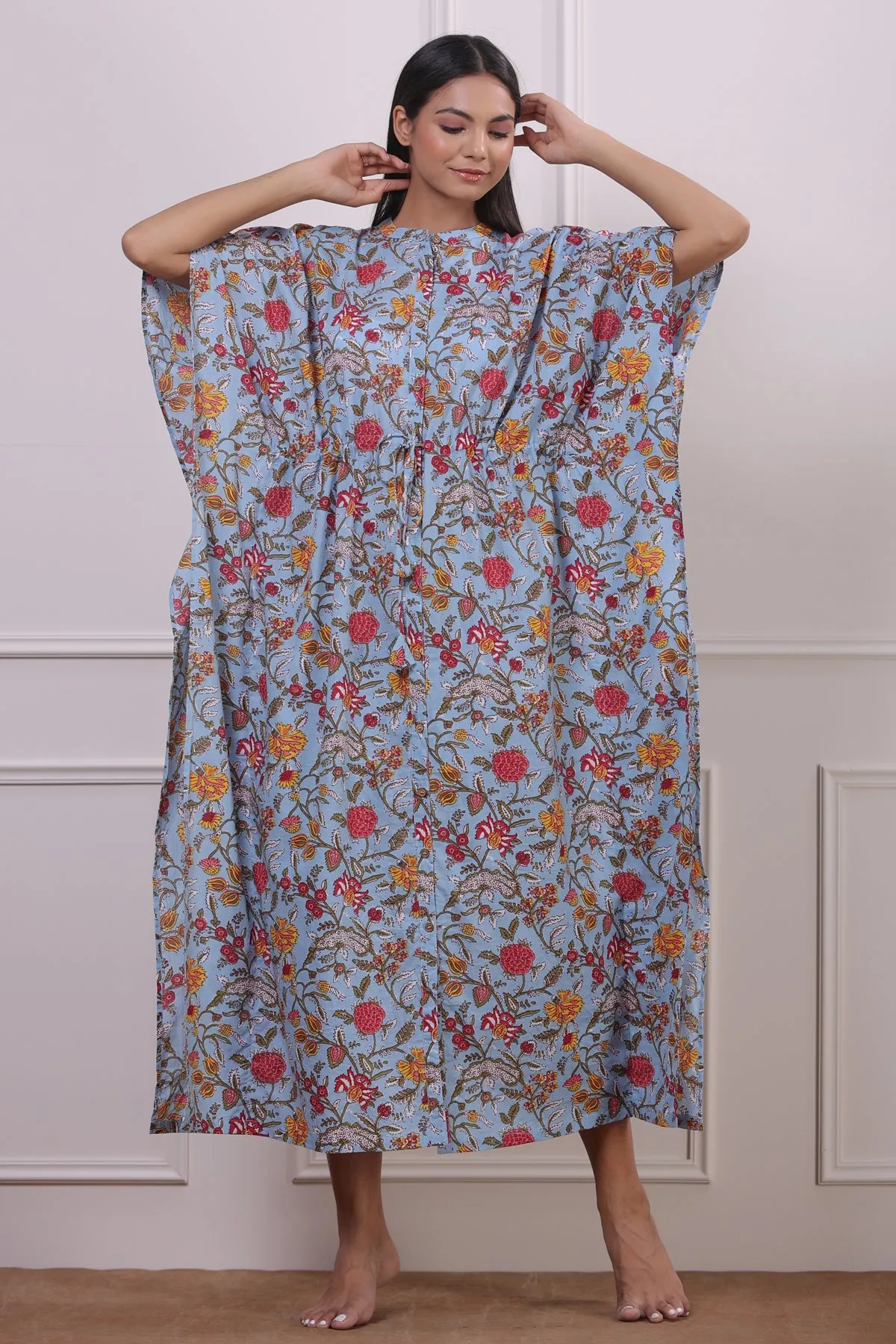 Floral Jaal on Sky Blue Front Buttoned Kaftan