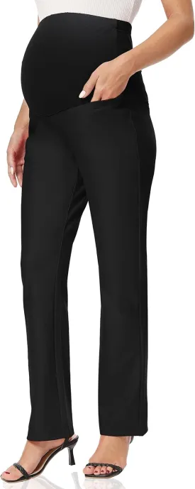 Foucome Women's Maternity Pants Comfy Stretch Dress Work Pants Straight Leg Pregnancy Slacks with Pockets