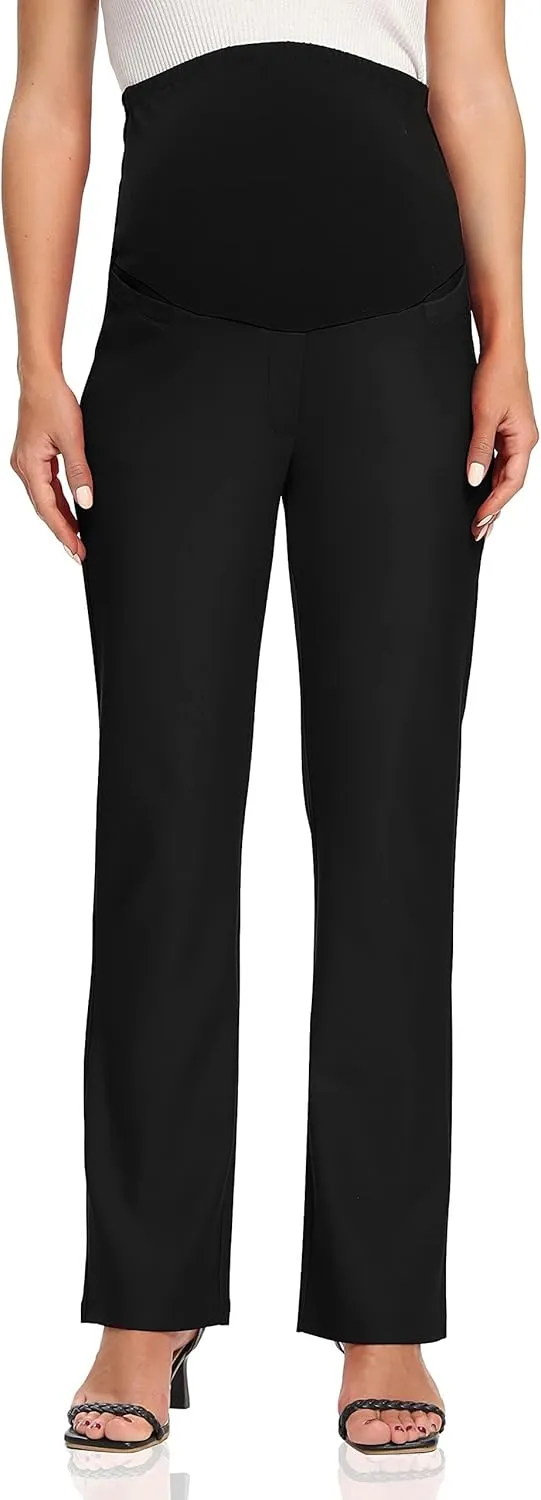 Foucome Women's Maternity Pants Comfy Stretch Dress Work Pants Straight Leg Pregnancy Slacks with Pockets