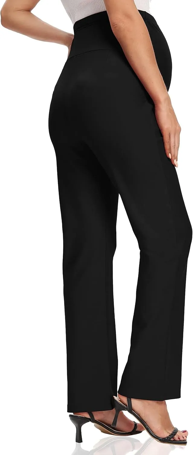 Foucome Women's Maternity Pants Comfy Stretch Dress Work Pants Straight Leg Pregnancy Slacks with Pockets
