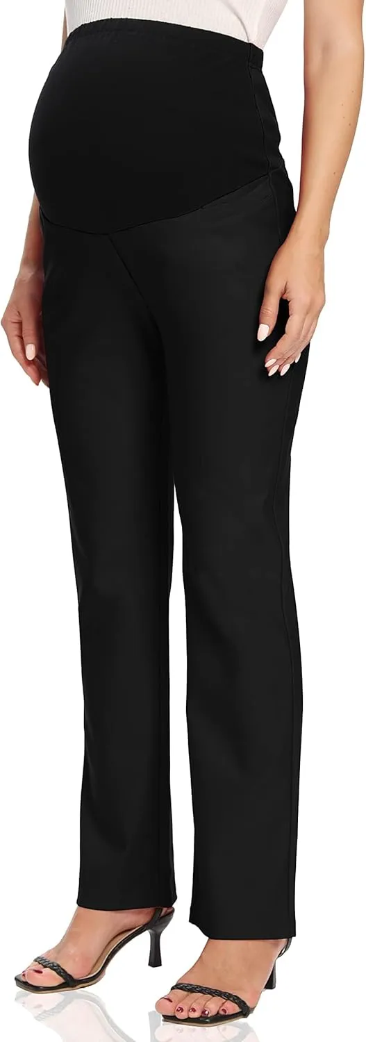 Foucome Women's Maternity Pants Comfy Stretch Dress Work Pants Straight Leg Pregnancy Slacks with Pockets