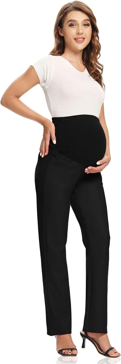 Foucome Women's Maternity Pants Comfy Stretch Dress Work Pants Straight Leg Pregnancy Slacks with Pockets