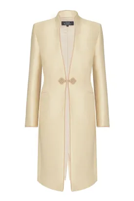 Gold Dress Coat in Summer Brocade with Cord Trim and Frogging - Vicky