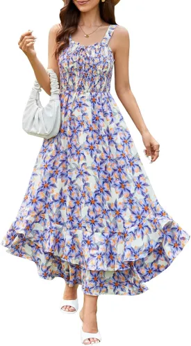 GRACE KARIN Women's 2025 Summer Floral Boho Dress Square Neck Strapped Swing A Line Sundress Beach Long Maxi Outfits