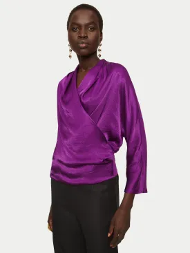 Hammered Satin Wrap Front Top | Purple