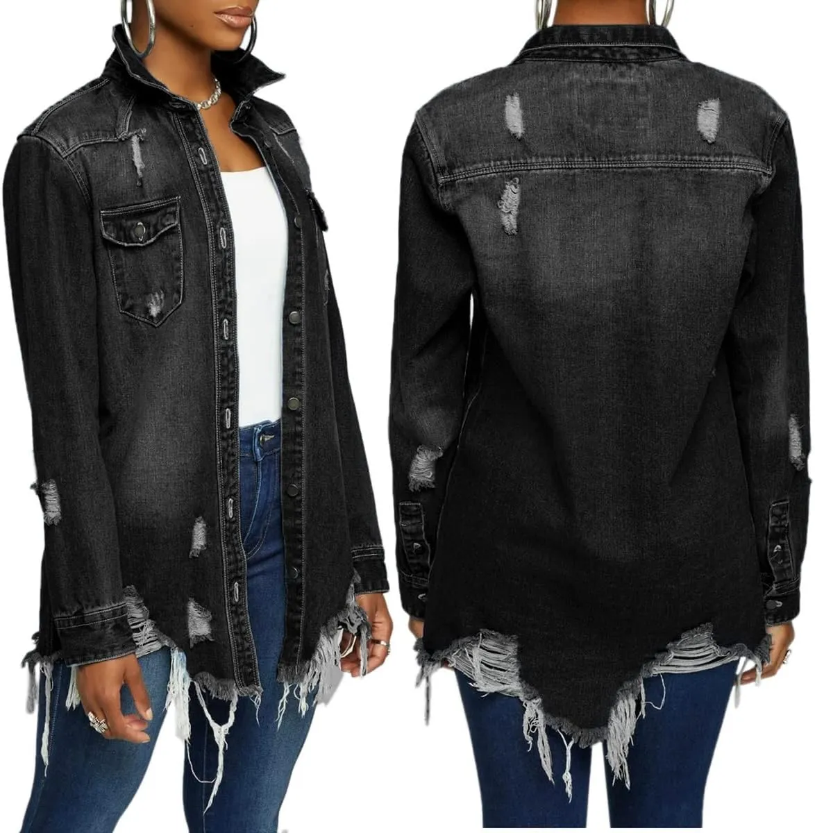Jean Jacket for Women Distressed Long Sleeve Oversized Denim Trucker Jackets Coat