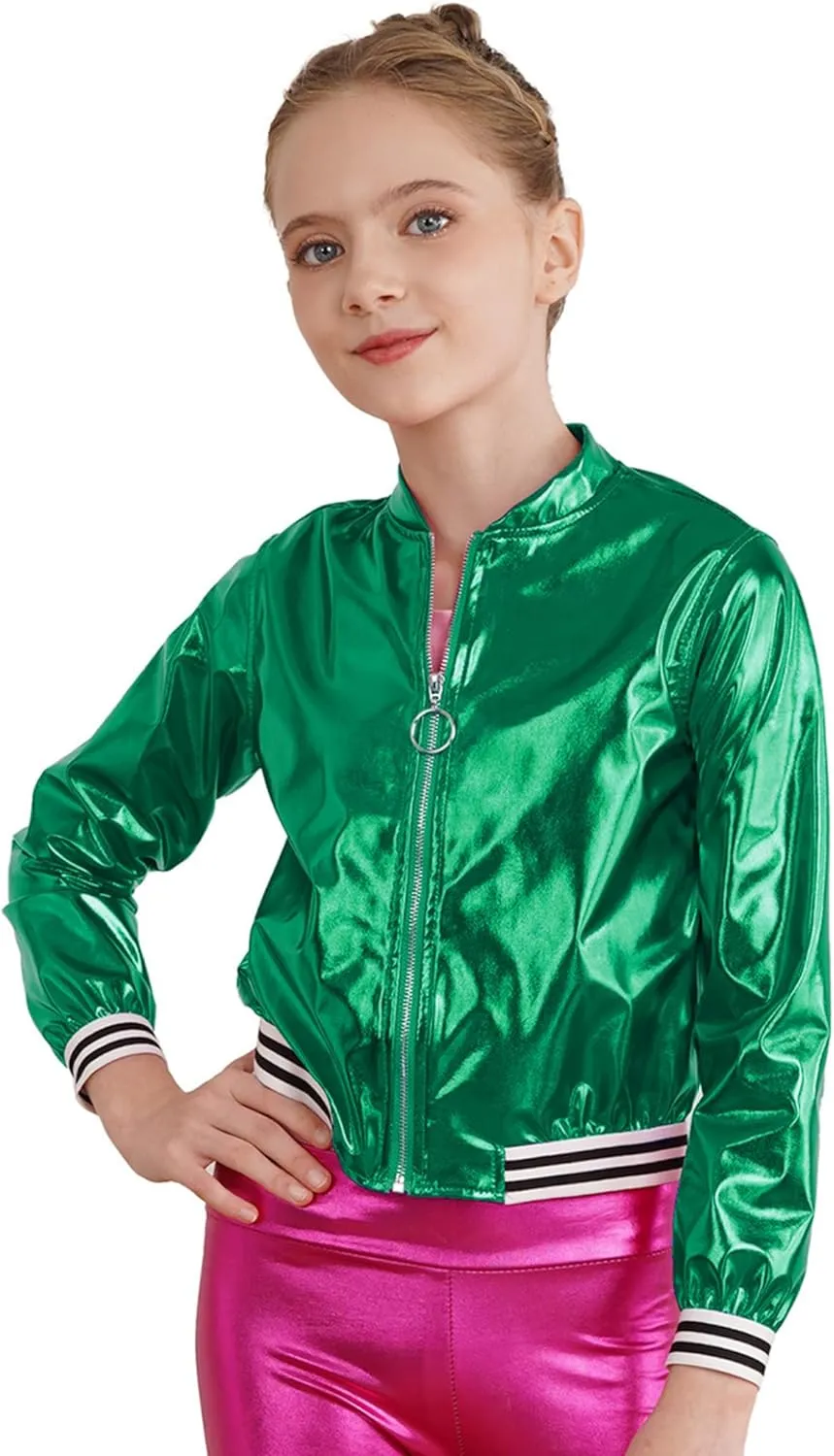 Kids Girls Holographic Halloween Party Shiny Lightweight Zipper Blazer Metallic Bomber Jacket