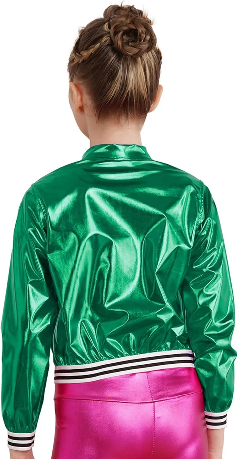 Kids Girls Holographic Halloween Party Shiny Lightweight Zipper Blazer Metallic Bomber Jacket