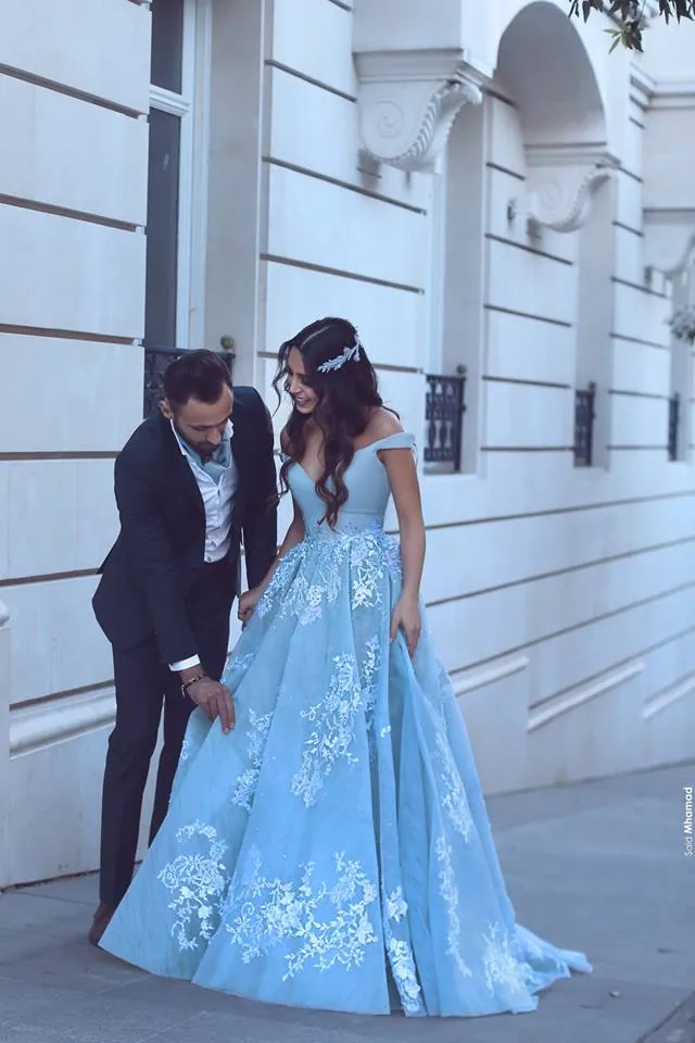 lace appliqué blue prom dresses off the shoulder a line elegant arabic prom gown vestido de Longo