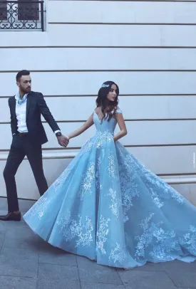lace appliqué blue prom dresses off the shoulder a line elegant arabic prom gown vestido de Longo