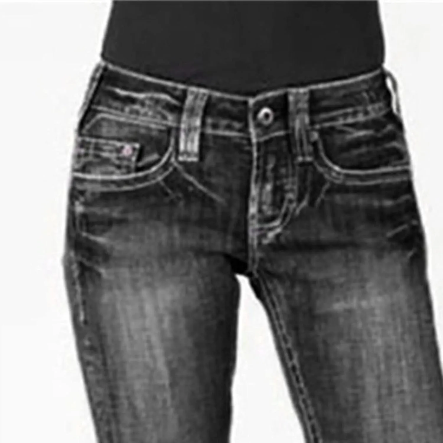 Ladies Distressed Washed Denim Trousers Stretchy Boot Cut Jeans Pocket Jeans Stretch Vintage Cotton Loose Trousers