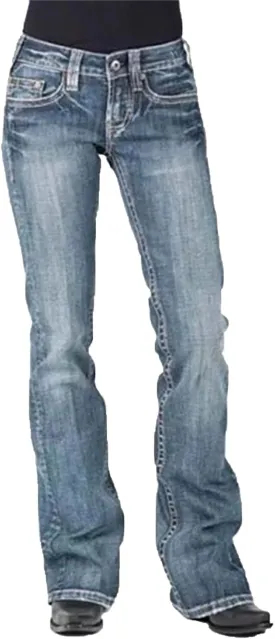 Ladies Distressed Washed Denim Trousers Stretchy Boot Cut Jeans Pocket Jeans Stretch Vintage Cotton Loose Trousers