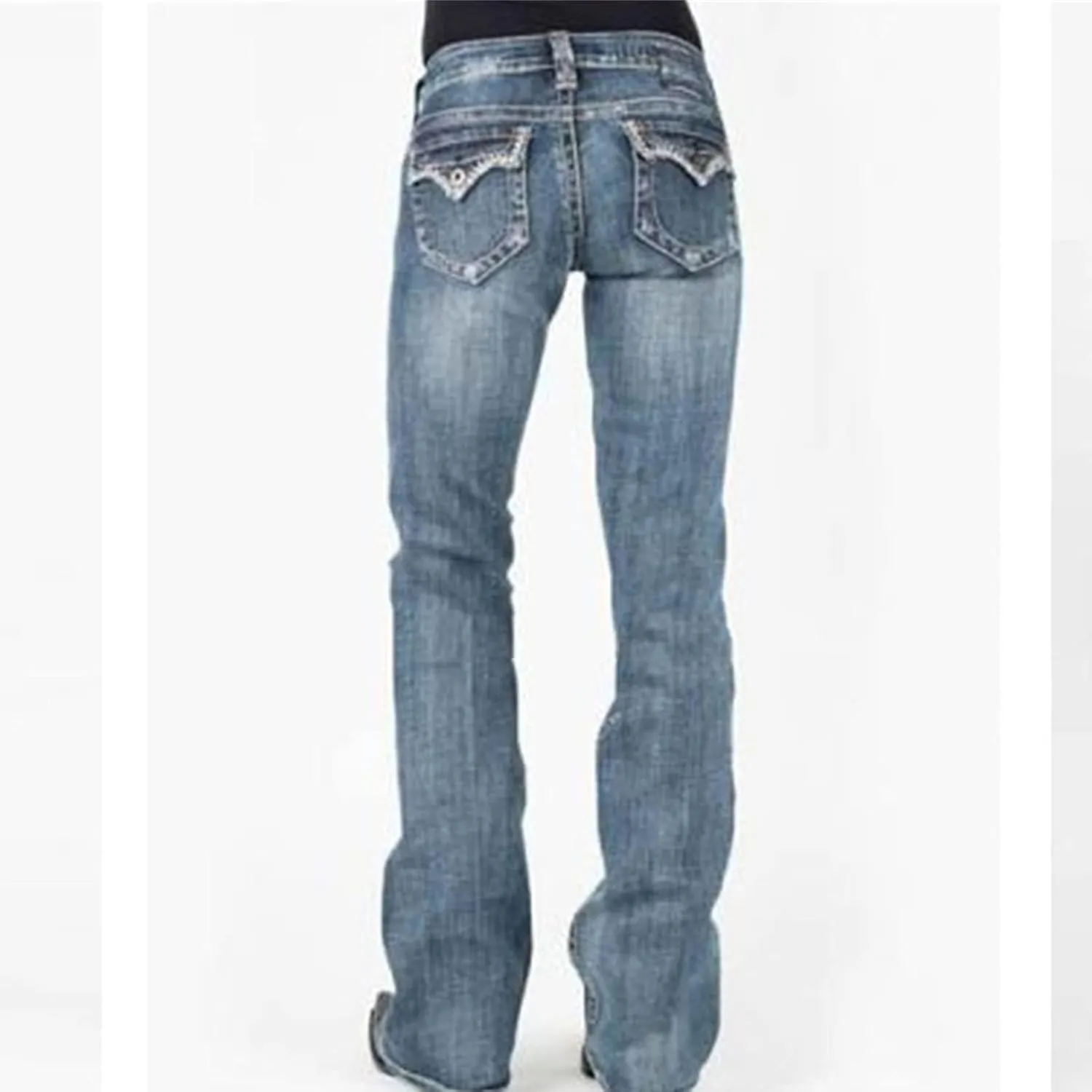 Ladies Distressed Washed Denim Trousers Stretchy Boot Cut Jeans Pocket Jeans Stretch Vintage Cotton Loose Trousers