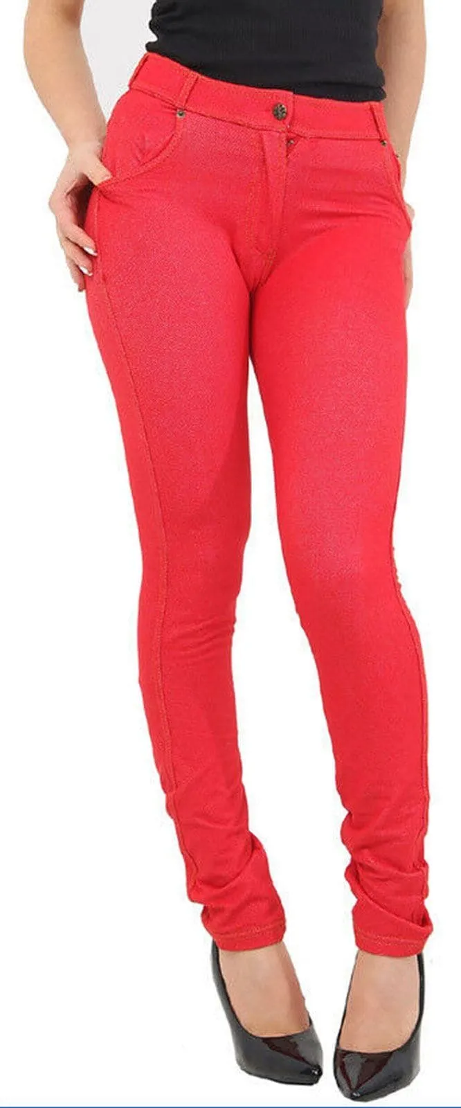 Ladies Red Stretched Buttoned Jeggings