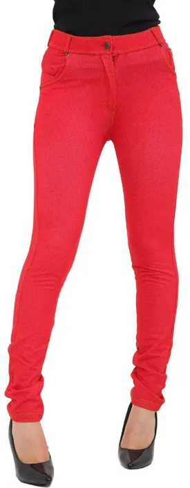 Ladies Red Stretched Buttoned Jeggings