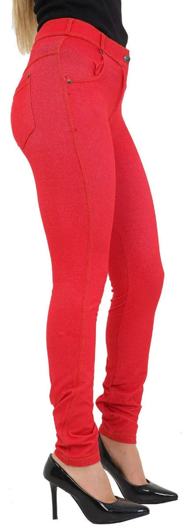 Ladies Red Stretched Buttoned Jeggings