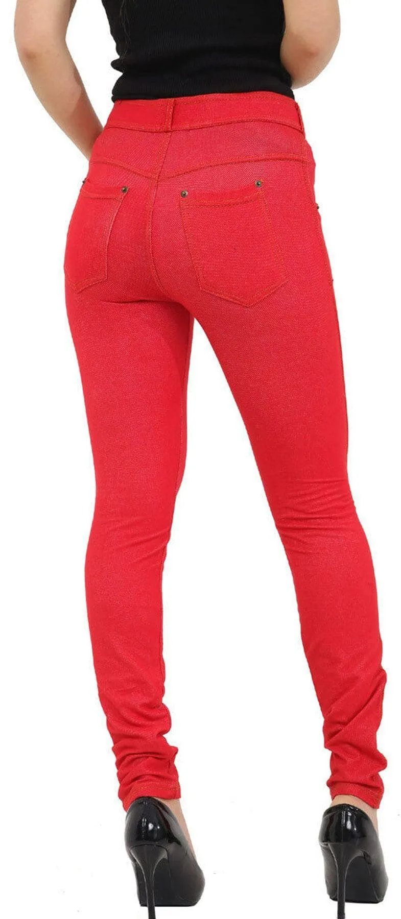 Ladies Red Stretched Buttoned Jeggings