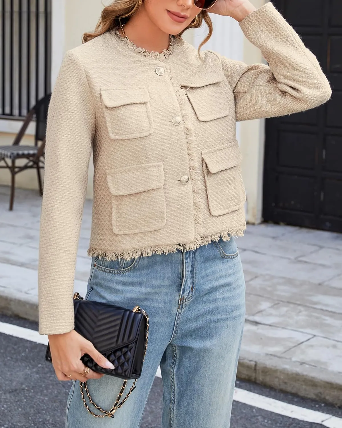 Ladyful Womens Cropped Tweed Blazer Jacket Collarless Lady Jacket Long Sleeve Fall Elegant Work Suits Coat